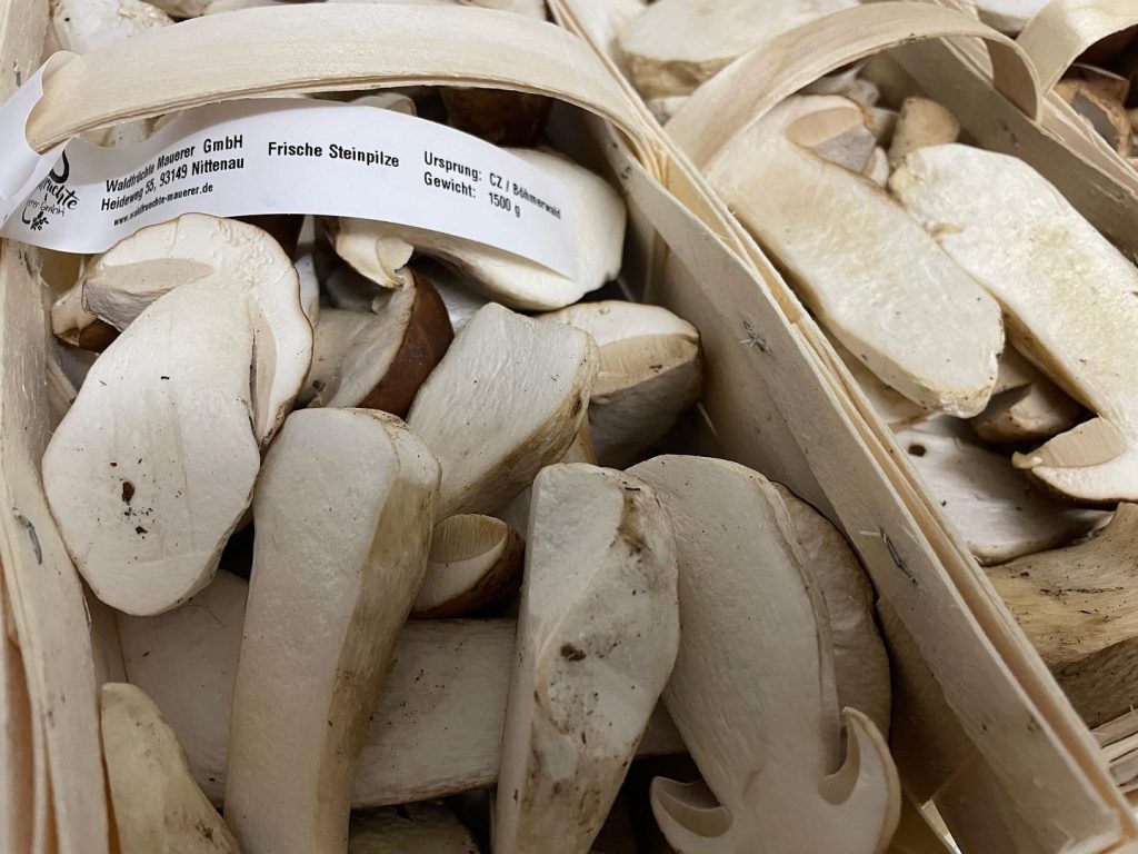 Frische Steinpilze in Holzkörben für die Zubereitung saisonaler italienischer Gerichte im Restaurant Roma